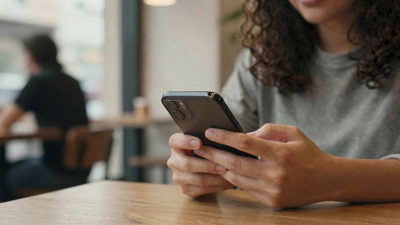 Pessoa segurando um smartphone em uma cafeteria, luz natural suav