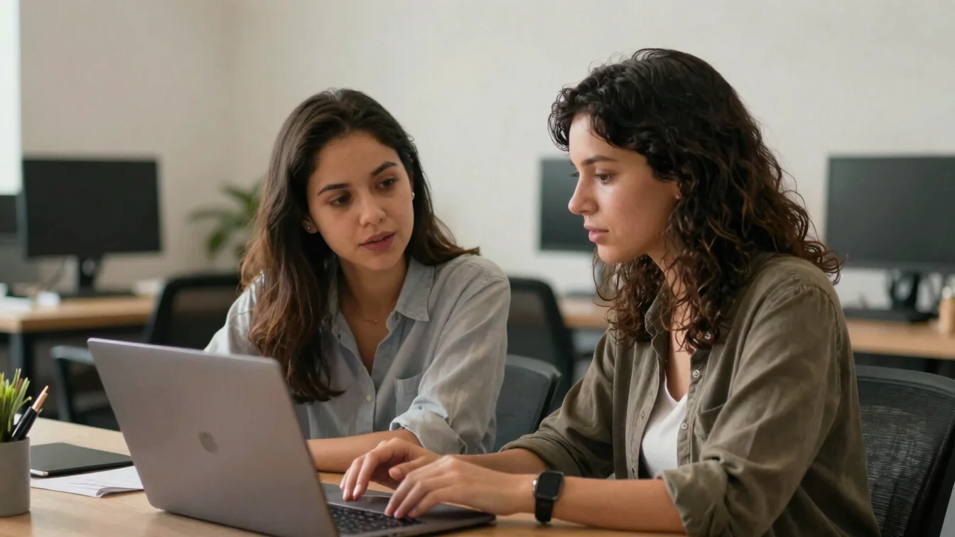 Duas pessoas conversando em frente a um notebook em um espaço de