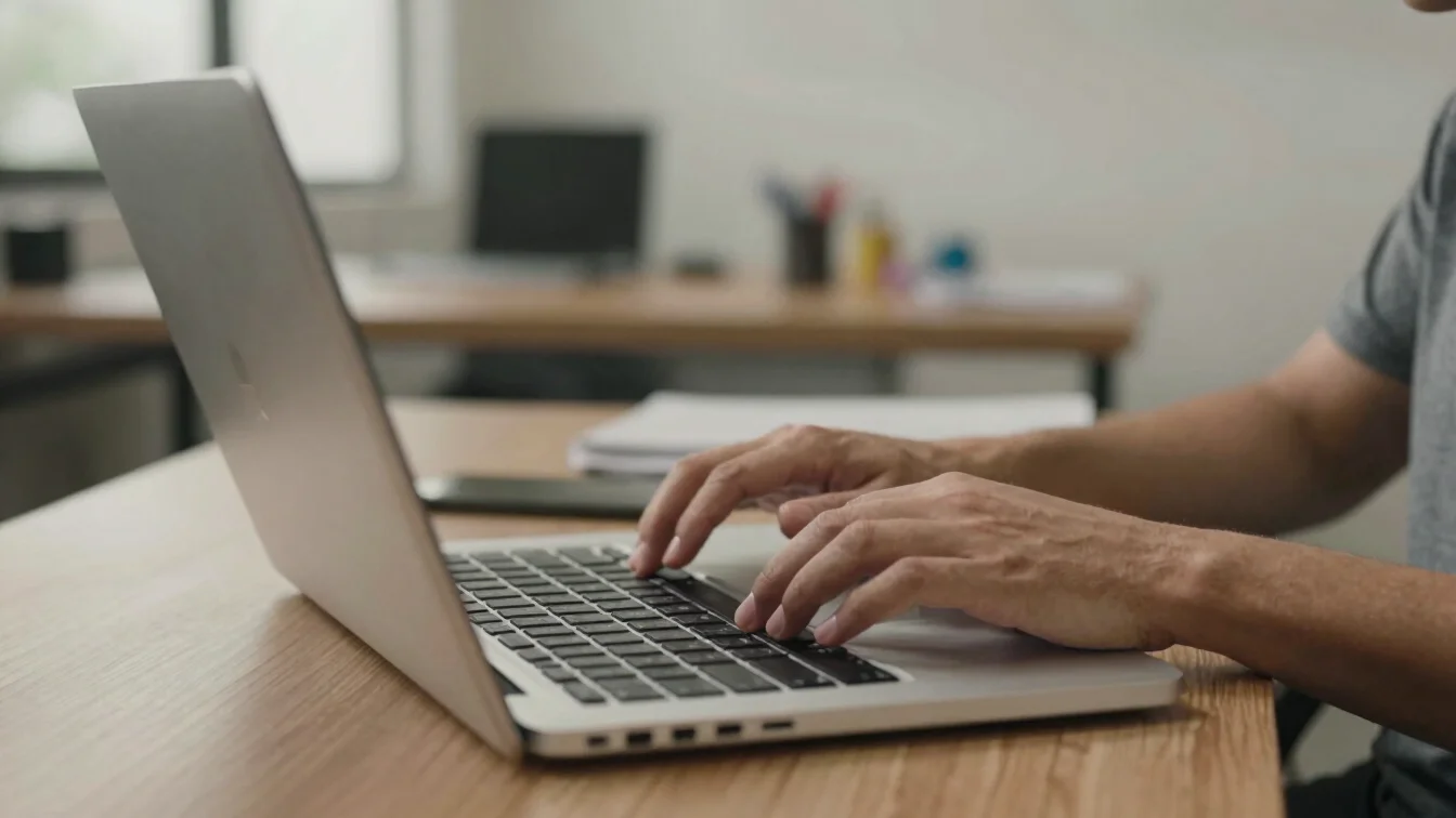 Mão interagindo com um teclado de notebook sobre uma mesa de trab