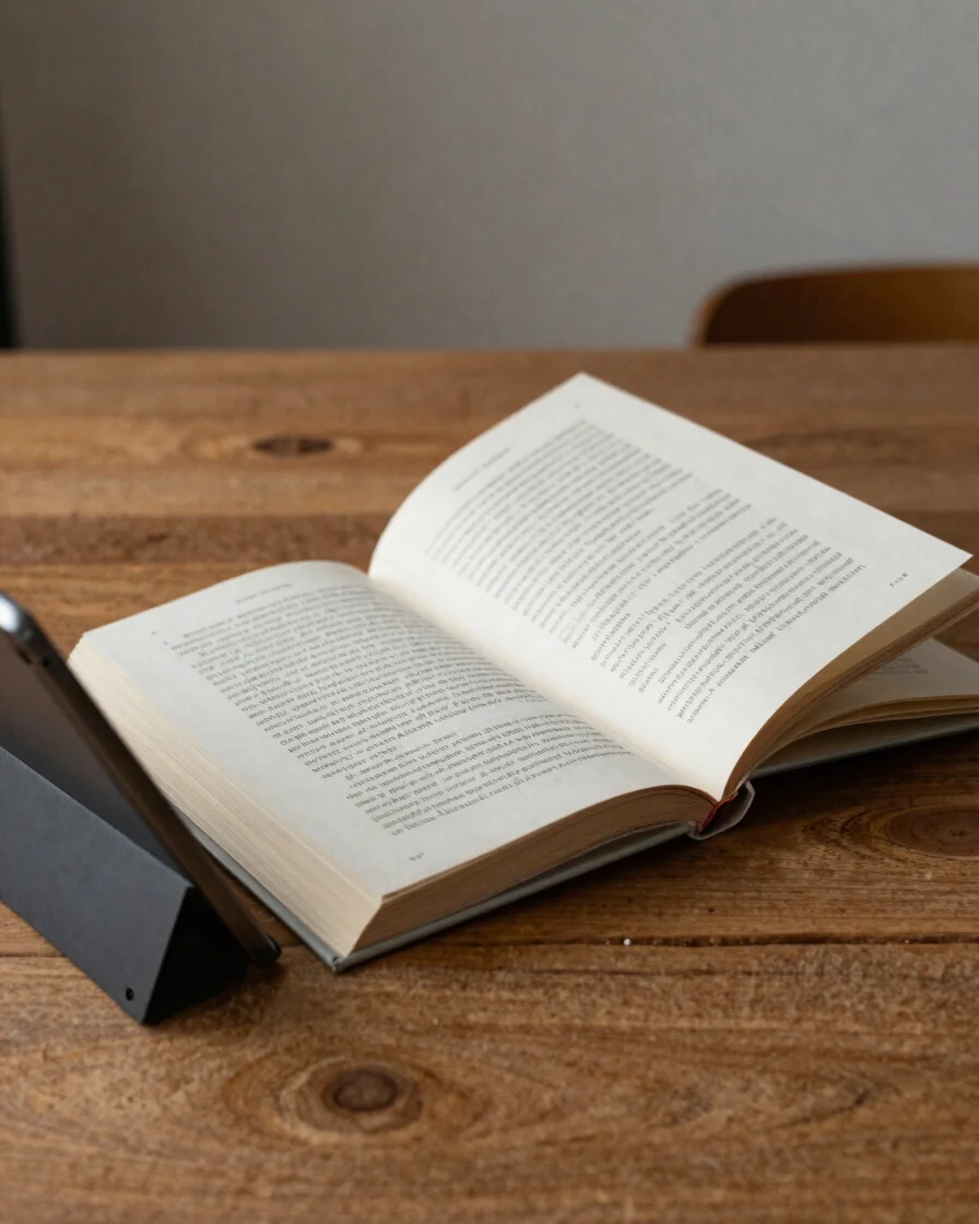 Pessoa lendo um texto impresso ao lado de um tablet em uma mesa d